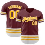 Personalized Burgundy Baseball Jersey with Gold-White Line Design Personalized Burgundy Gold-White Line Baseball Jersey