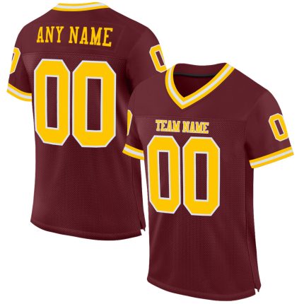 Custom Personalized Burgundy Football Jersey with Gold-White Mesh Design | Authentic Throwback Team Name and Number Personalized