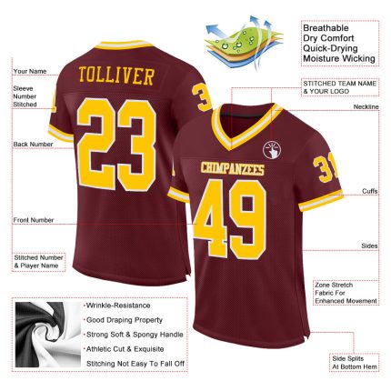 Custom Personalized Burgundy Football Jersey with Gold-White Mesh Design | Authentic Throwback Team Name and Number Personalized