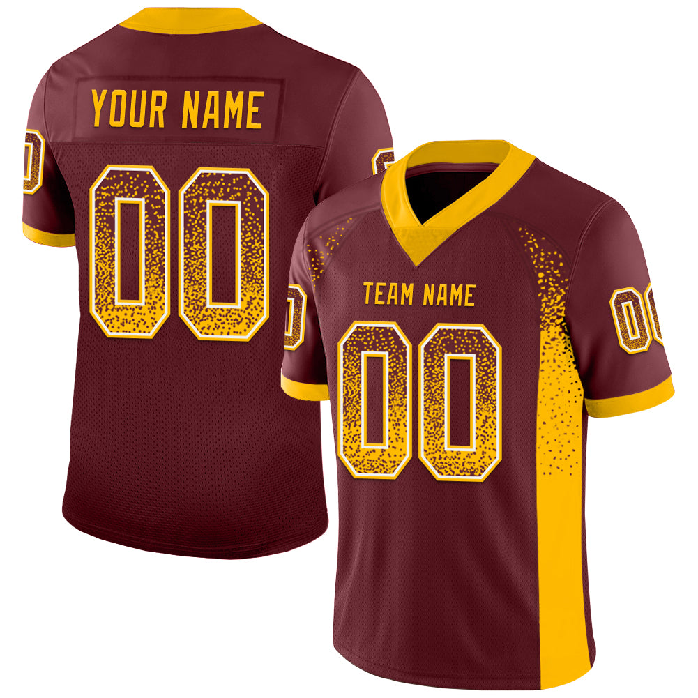 Personalized Burgundy Gold White Drift Fashion Football Jersey for Men and Women Personalized Burgundy Gold-White Mesh Drift