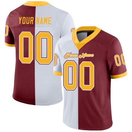 Personalized Burgundy Gold White Mesh Football Jersey - Split Design Fashion Personalized Burgundy Gold-White Mesh Split