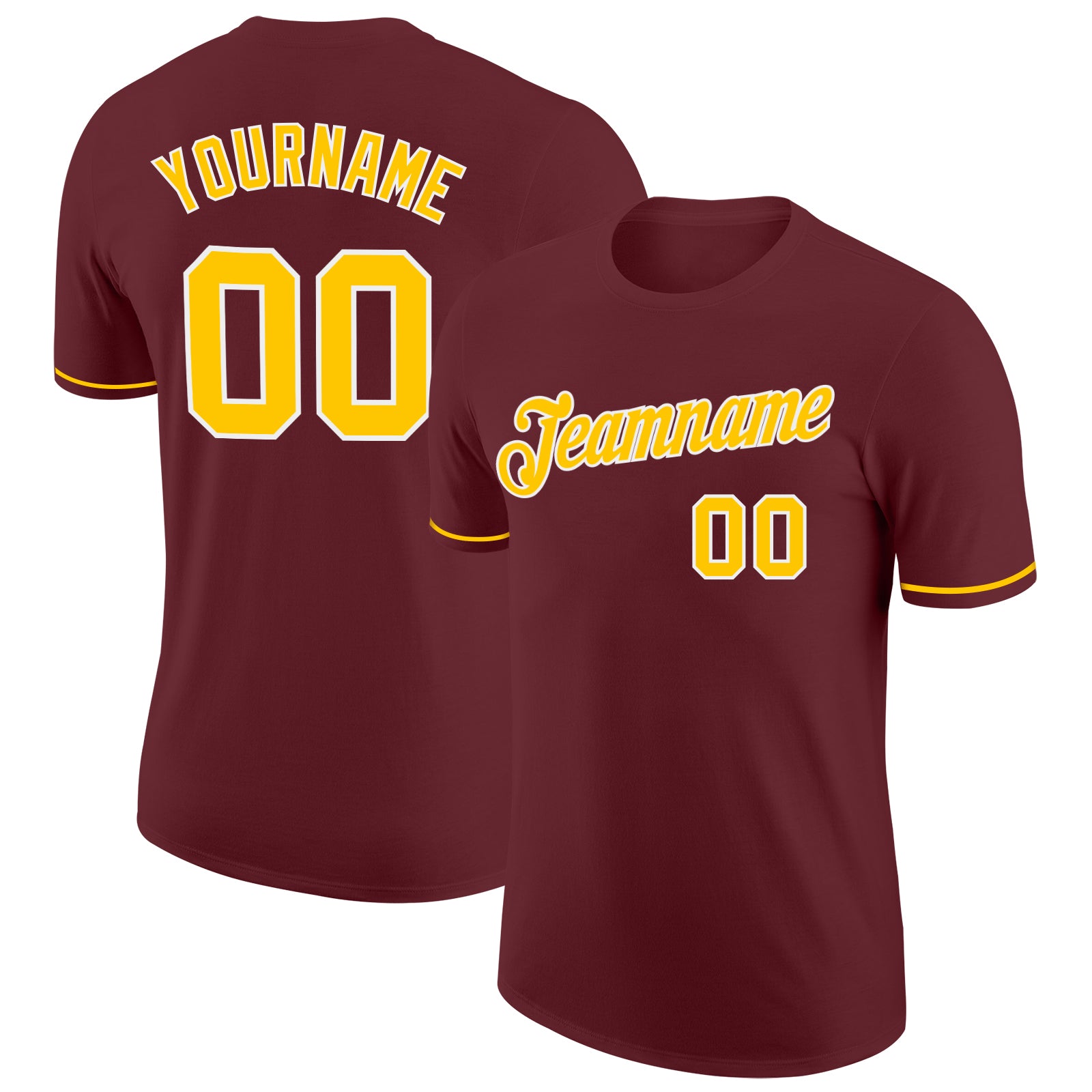 Custom Name and Number Performance T-Shirt in Burgundy Gold-White - Personalized Team Apparel Personalized Burgundy Gold-White