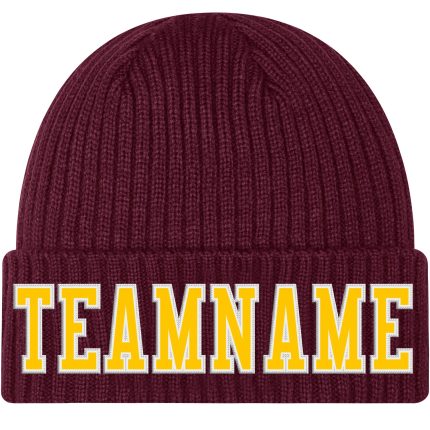 Personalized Cuffed Knit Hat - Burgundy Gold-White Custom Winter Beanie Personalized Burgundy Gold-White Stitched Cuffed