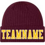 Custom Name Number Knit Hat - Personalized Burgundy Cuffed Beanie with Gold and White Stitching Personalized Burgundy Gold-White