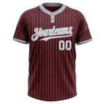 Personalized Unisex Softball Jersey - Burgundy Gray Pinstripe Two-Button Design Personalized Burgundy Gray Pinstripe White