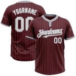 Personalized Unisex Softball Jersey - Burgundy Gray Pinstripe Two-Button Design Personalized Burgundy Gray Pinstripe White
