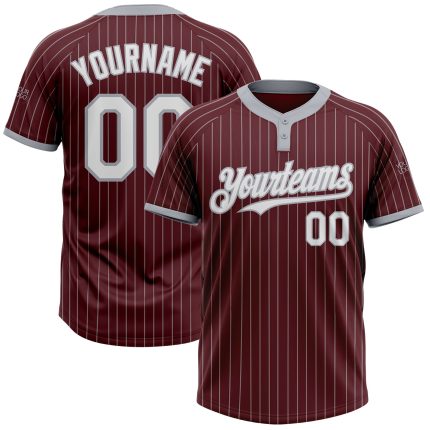 Custom Name and Number Unisex Softball Jersey - Burgundy Gray Two-Button Pinstripe Design Personalized Burgundy Gray Pinstripe