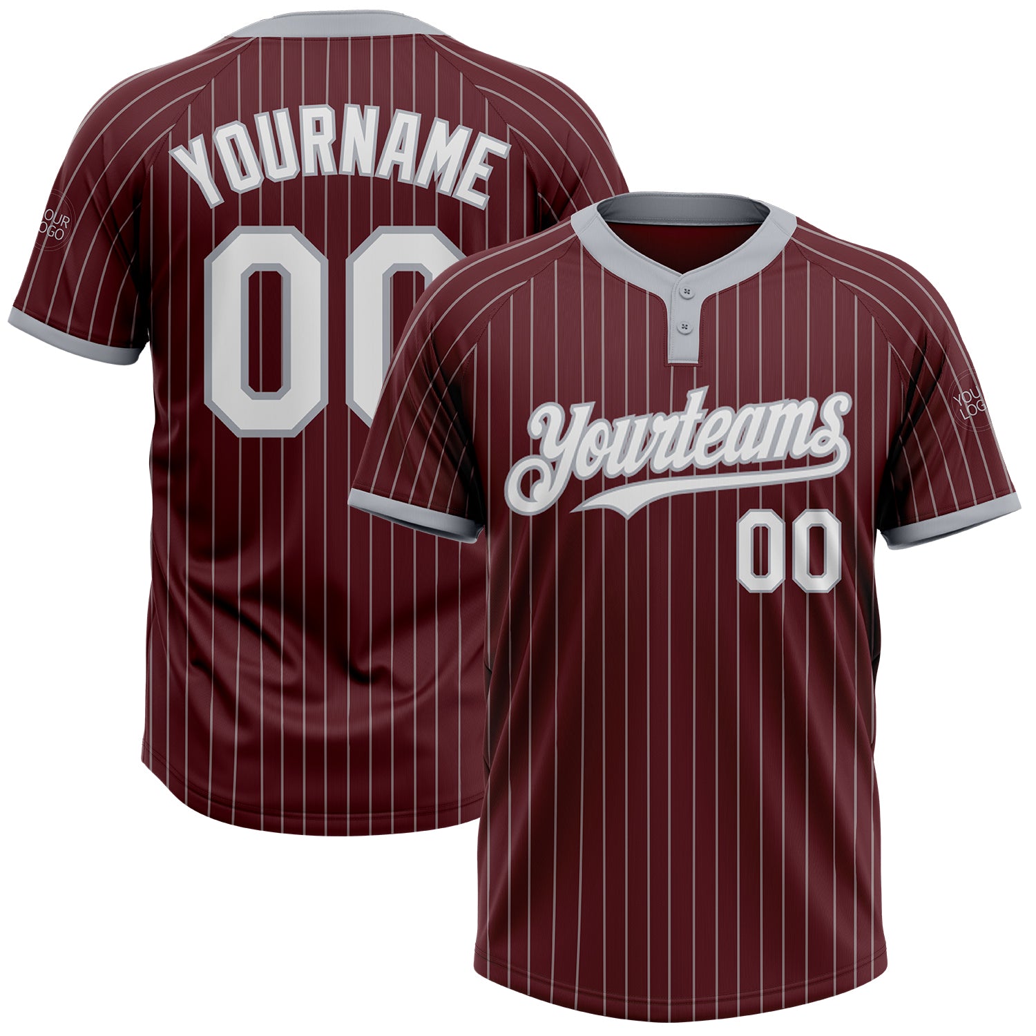 Custom Name and Number Unisex Softball Jersey - Burgundy Gray Two-Button Pinstripe Design Personalized Burgundy Gray Pinstripe