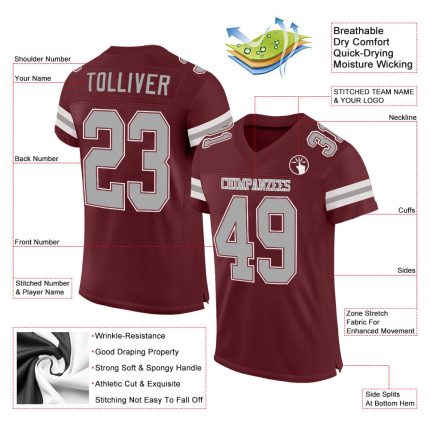 Personalized Football Jersey - Burgundy Gray White Mesh, Custom Team Apparel Personalized Burgundy Gray-White Mesh Football
