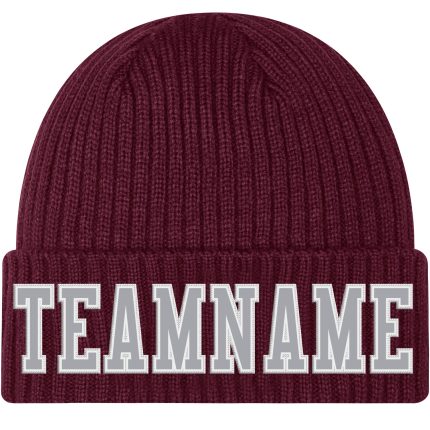 Personalized Knit Hat Burgundy Gray White Cuffed Stitched Beanie Personalized Burgundy Gray-White Stitched Cuffed Knit Hat
