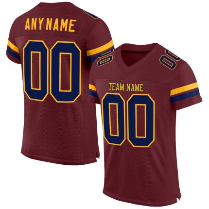 Custom Name and Number Burgundy Navy Gold Mesh Football Jersey - Personalized Authentic Team Jersey Personalized Burgundy