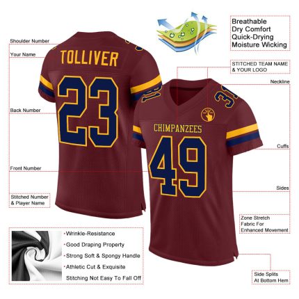 Custom Name and Number Burgundy Navy Gold Mesh Football Jersey - Personalized Authentic Team Jersey Personalized Burgundy