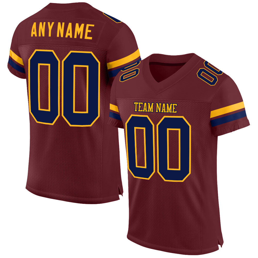 Personalized Burgundy Navy Gold Football Jersey - Customizable Sports Apparel Personalized Burgundy Navy-Gold Mesh Football
