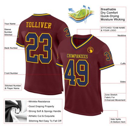 Personalized Burgundy Navy Gold Football Jersey - Throwback Style Mesh Jersey Personalized Burgundy Navy-Gold Mesh Throwback