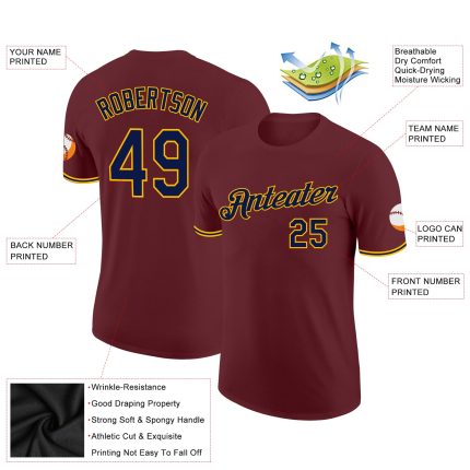 Custom Burgundy and Navy Gold Performance T-Shirt for Men and Women Personalized Burgundy Navy-Gold Performance T-Shirt