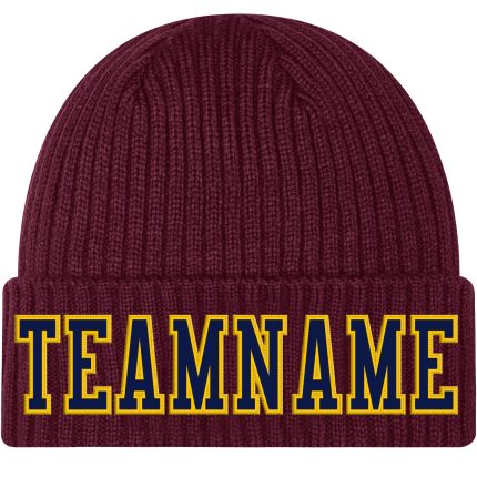 Custom Burgundy Navy Gold Cuffed Knit Hat - Personalized Winter Beanie Personalized Burgundy Navy-Gold Stitched Cuffed Knit