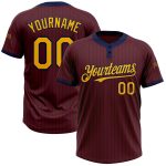 Custom Name and Number Two-Button Unisex Softball Jersey - Burgundy Navy Pinstripe Gold Design Personalized Burgundy Navy