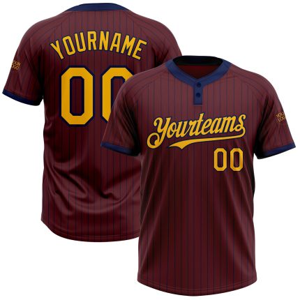 Custom Name and Number Two-Button Unisex Softball Jersey - Burgundy Navy Pinstripe Gold Design Personalized Burgundy Navy