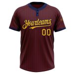 Custom Name and Number Two-Button Unisex Softball Jersey - Burgundy Navy Pinstripe Gold Design Personalized Burgundy Navy