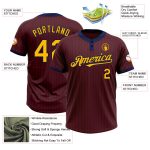 Custom Name and Number Two-Button Unisex Softball Jersey - Burgundy Navy Pinstripe Gold Design Personalized Burgundy Navy