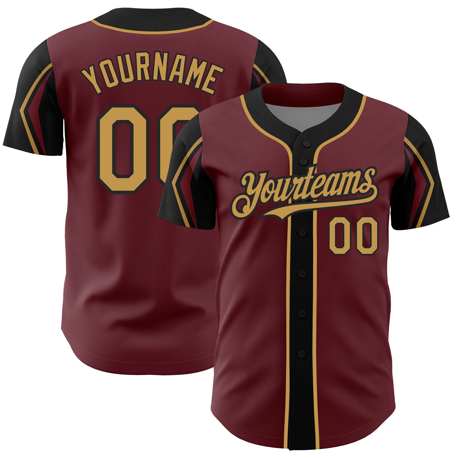 Custom Name and Number Baseball Jersey in Burgundy and Old Gold-Black, Authentic Design with 3 Color Arm Shapes Personalized