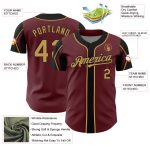 Custom Name and Number Baseball Jersey in Burgundy and Old Gold-Black, Authentic Design with 3 Color Arm Shapes Personalized