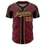 Custom Name and Number Baseball Jersey in Burgundy and Old Gold-Black, Authentic Design with 3 Color Arm Shapes Personalized