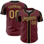 Personalized Burgundy and Old Gold-Black Baseball Jersey in 3 Colors, Unique Arm Shapes Personalized Burgundy Old Gold-Black