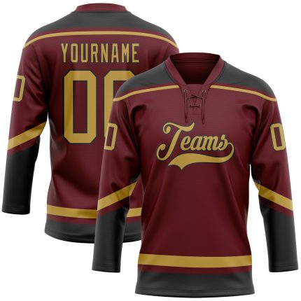 Personalized Burgundy Black Gold Hockey Lace Neck Jersey - Custom Team Apparel Personalized Burgundy Old Gold-Black Hockey
