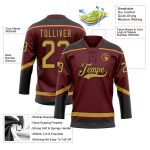 Personalized Burgundy Black Gold Hockey Lace Neck Jersey - Custom Team Apparel Personalized Burgundy Old Gold-Black Hockey