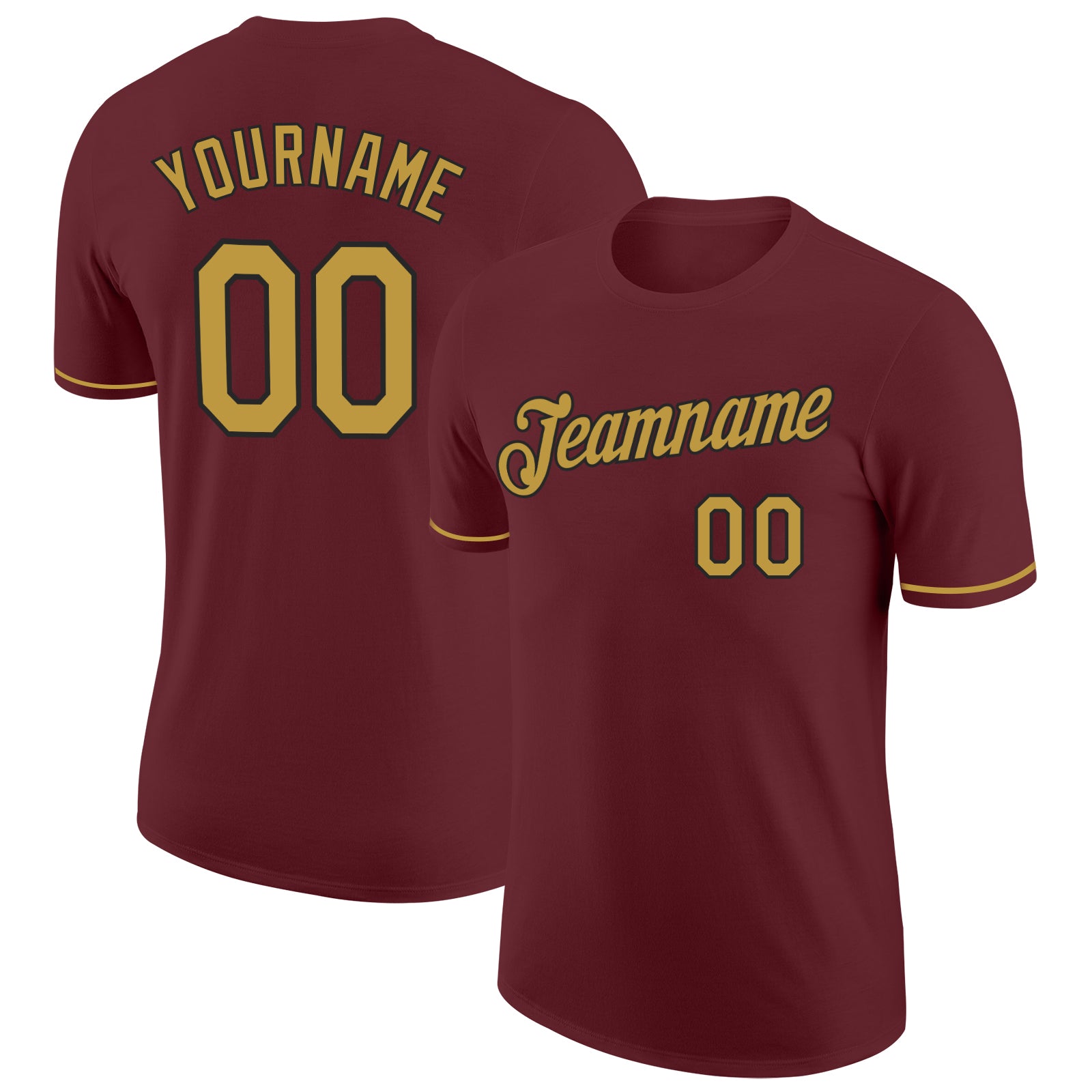Custom Team Performance T-Shirt with Personalized Name and Number, Burgundy and Old Gold/Black Colors Personalized Burgundy