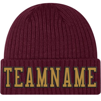 Personalized Burgundy Cuffed Knit Hat with Old Gold and Black Stitching Personalized Burgundy Old Gold-Black Stitched Cuffed
