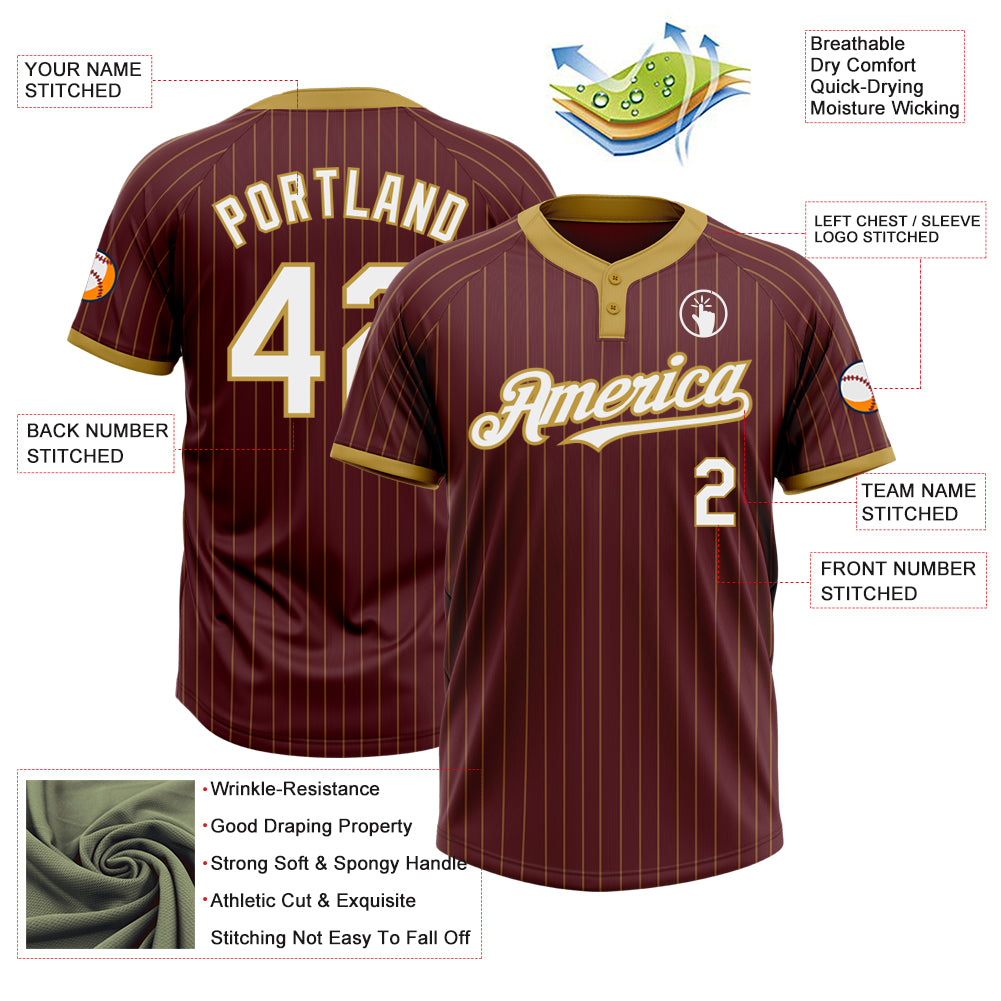 Personalized Burgundy Gold Pinstripe Unisex Softball Jersey - Two-Button Design Personalized Burgundy Old Gold Pinstripe - Image 3