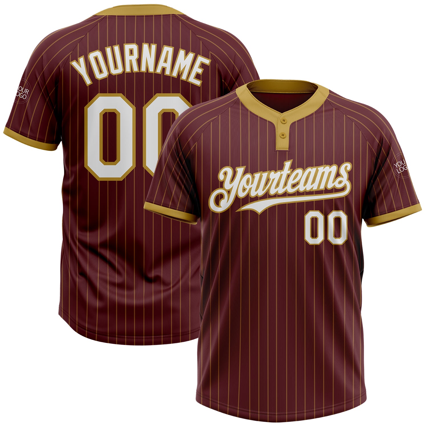Custom Name and Number Unisex Softball Jersey - Burgundy Old Gold Pinstripe Two-Button Design Personalized Burgundy Old Gold