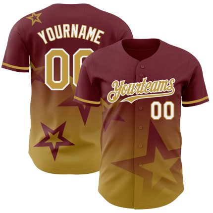 Personalized Twinkle Star Gradient Baseball Jersey with Custom Name & Number in Burgundy, Old Gold, White 3D Pattern Design