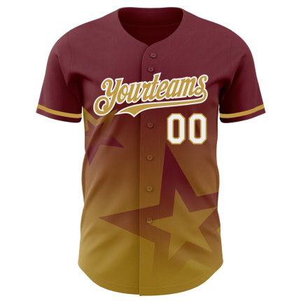 Personalized Twinkle Star Gradient Baseball Jersey with Custom Name & Number in Burgundy, Old Gold, White 3D Pattern Design