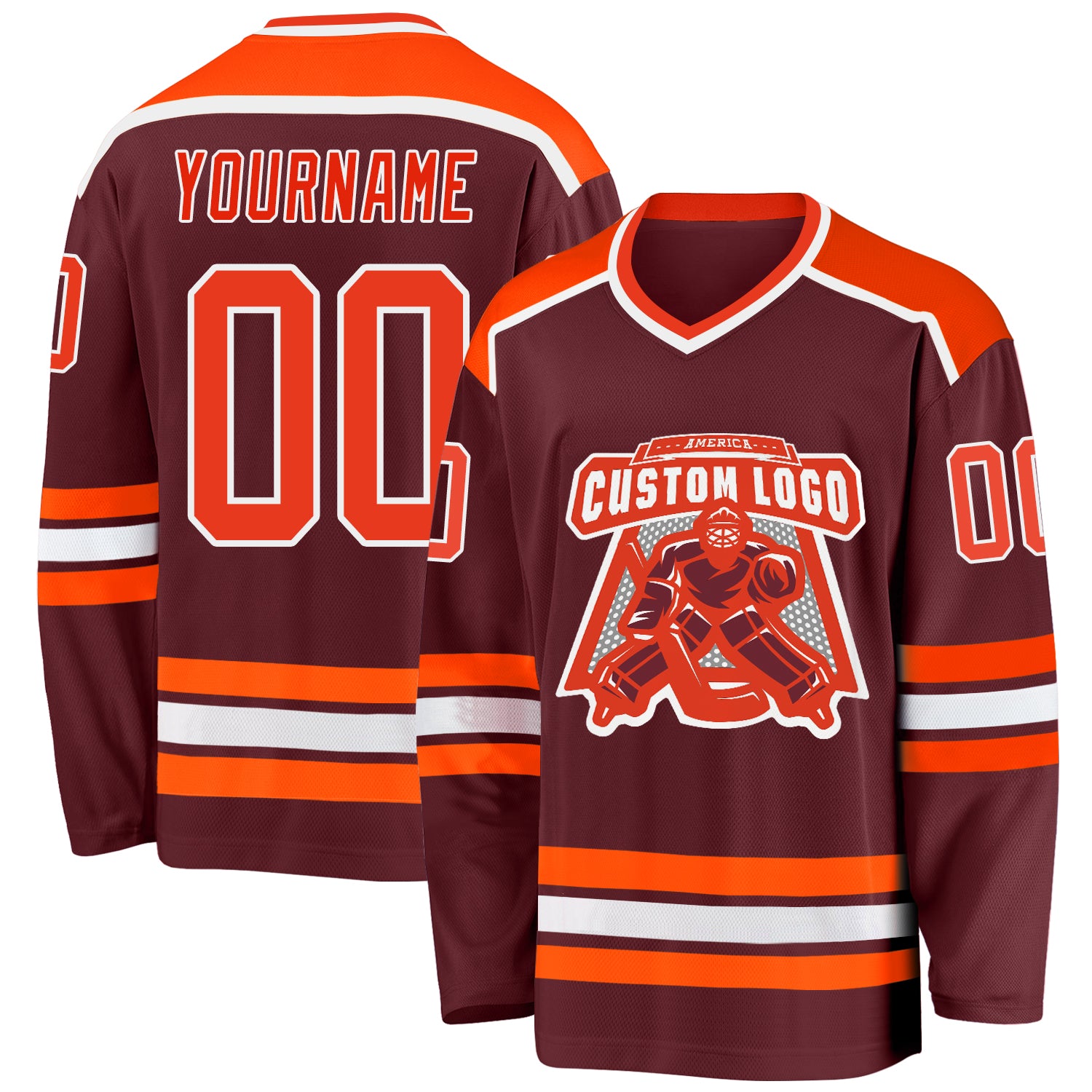 Custom Personalized Orange and White Hockey Jersey in Burgundy Design Personalized Burgundy Orange-White Hockey Jersey