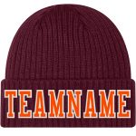 Custom Team Name Number Cuffed Knit Hat - Personalized Burgundy Orange-White Stitched Beanie Personalized Burgundy Orange-White