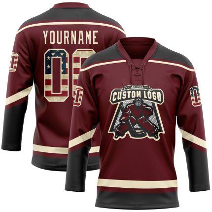 Personalized Vintage Burgundy USA Flag Black Cream Hockey Jersey with Lace Neck Personalized Burgundy Vintage USA Flag Black-Cream