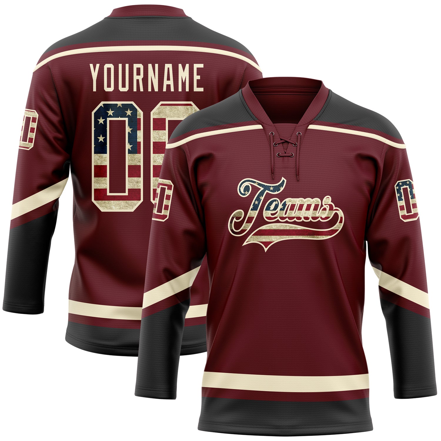 Custom Name & Number Burgundy Vintage USA Hockey Jersey Black-Cream Lace Neck Personalized Burgundy Vintage USA Flag Black-Cream