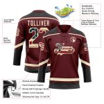 Custom Name & Number Burgundy Vintage USA Hockey Jersey Black-Cream Lace Neck Personalized Burgundy Vintage USA Flag Black-Cream