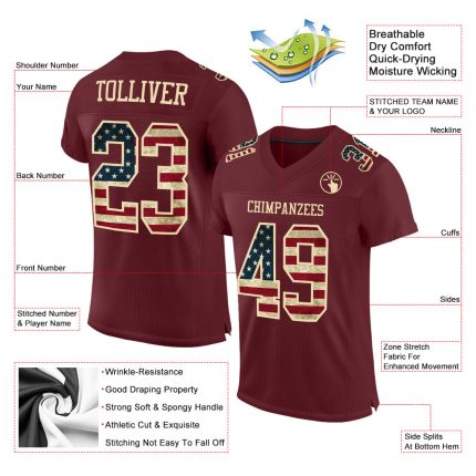 Custom Burgundy Vintage USA Flag Football Jersey with Mesh Cream Design - Authentic Team Jersey with Personalized Name and Number