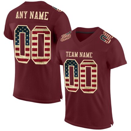 Personalized Burgundy Vintage USA Flag Cream Football Jersey - Mesh City Style Personalized Burgundy Vintage USA Flag-City