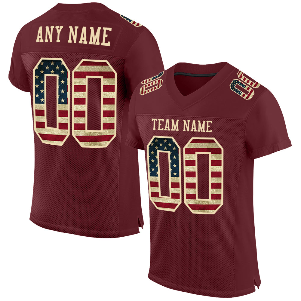 Personalized Burgundy Vintage USA Flag Cream Football Jersey - Mesh City Style Personalized Burgundy Vintage USA Flag-City