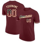 Custom Burgundy Vintage USA Flag T-Shirt with Team Name and Number - Cream Performance Fabric Personalized Burgundy Vintage