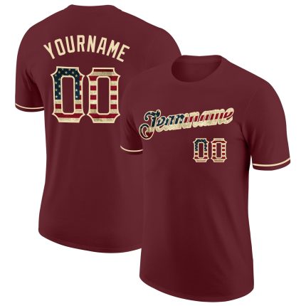 Custom Burgundy Vintage USA Flag T-Shirt with Team Name and Number - Cream Performance Fabric Personalized Burgundy Vintage