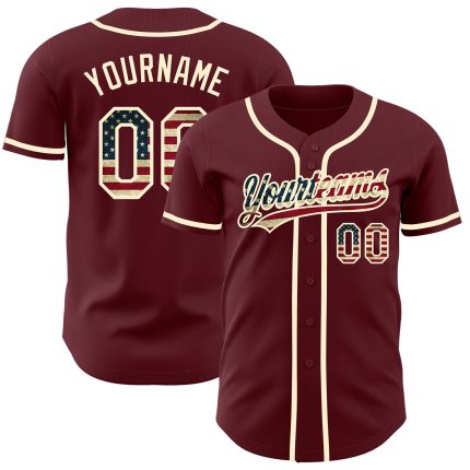 Personalized Vintage USA Flag Baseball Jersey in Burgundy and Cream Personalized Burgundy Vintage USA Flag-Cream Baseball