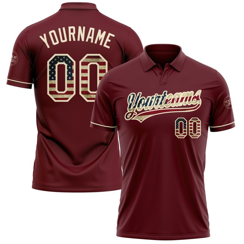 Personalized Vintage USA Flag Burgundy Cream Performance Golf Polo Shirt Personalized Burgundy Vintage USA Flag-Cream Performance