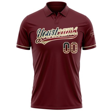 Personalized Burgundy Vintage USA Flag Golf Polo Shirt with Custom Name & Number - Cream Performance Vapor Design Personalized