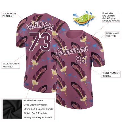 Custom Burgundy and White 3D Feather T-Shirt for Performance Wear Personalized Burgundy White 3D Feather Performance T-Shirt